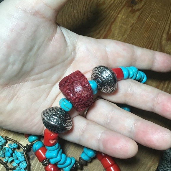 Handmade turquoise , coral hand wrapped bohemian three layer statement bracelet - Picture 7 of 9